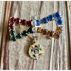 VTG Mason OES Order Eastern Star Masonic Rhinestone Bow Pin Brooch Gold